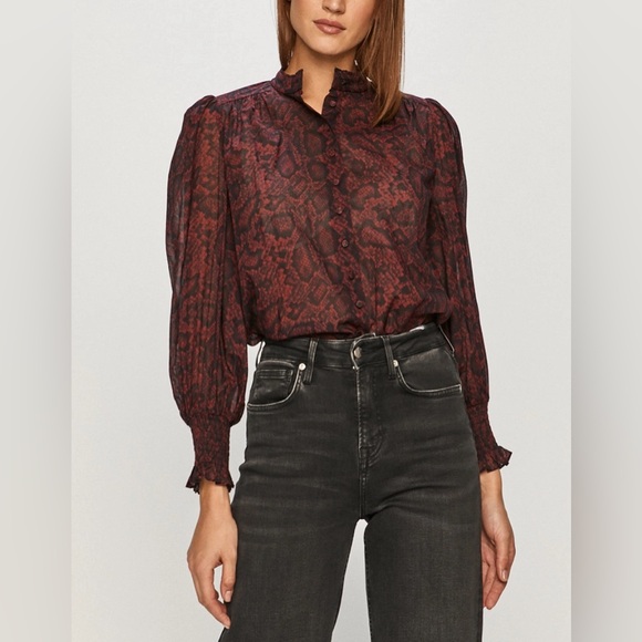 All Saints Tops - ALLSAINTS Leonie Stanza Shirt in Burgundy Red Python Sheer Print US Size 6